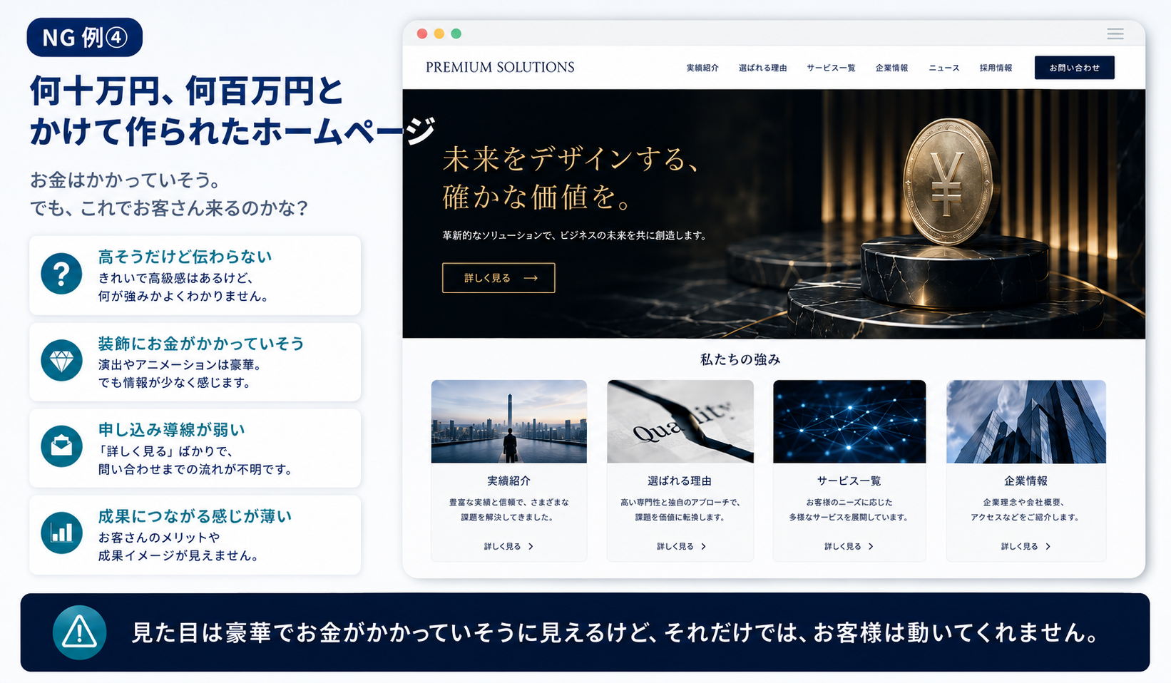 NG例4 何十万円、何百万円とかけて作られたホームページ。高級感はあるが成果につながるか分かりにくい例